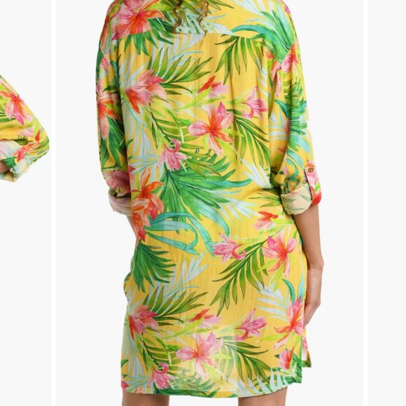 La Blanca Tropical Calypso Button-Up Cover-Up Shirt Yellow Floral Size M - Picture 6 of 6